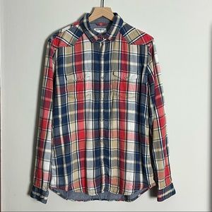 Express Plaid Flannel Western Shirt Red Blue Tan with Snap Buttons Size L
